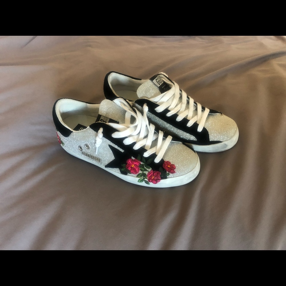 Golden Goose White Silver Sneakers with Black Star and Red Floral Embroidery - Picture 3 of 15